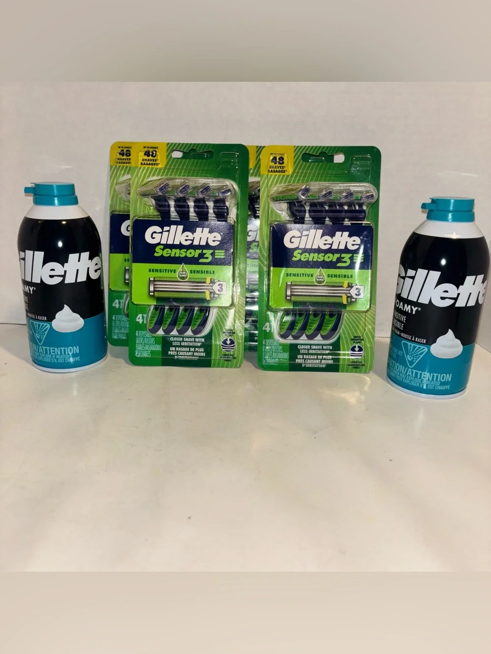 Gillette Sensor3 Sensitive Disposable Razors & Shaving Foam Bundle - Green-New